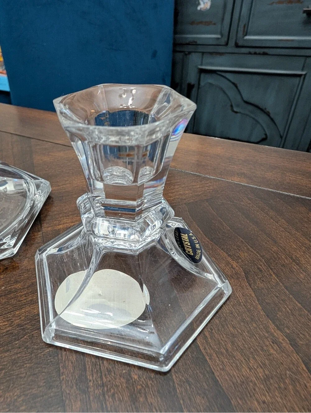 Set of 2 Hexagon Base 24% Lead Crystal Taper Candlesticks Made in U.S.A.